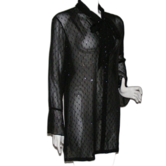 THEORY Sheer Dress, 2, NEEDS SLIP, Black, Secretary Bow, Metallic Swiss Dots - Picture 2 of 12